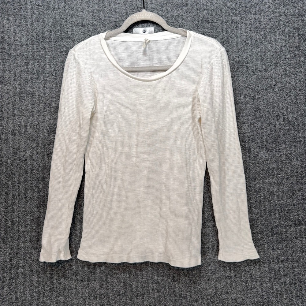 Christina Lehr Shirt Womens 2 White Waffle Knit Thermal Crew Neck Long Sleeve